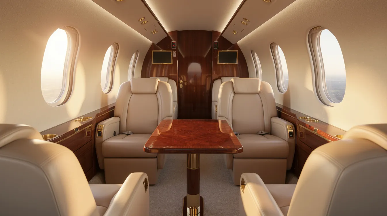 The image depicts the luxurious interior of a private jet cabin, featuring wide leather seats that are illuminated by abundant natural light streaming through large oval windows. This elegant space is characteristic of high-end business aviation, offering comfort and style reminiscent of the Gulfstream G650, one of the fastest business jets with ultra long range capabilities.