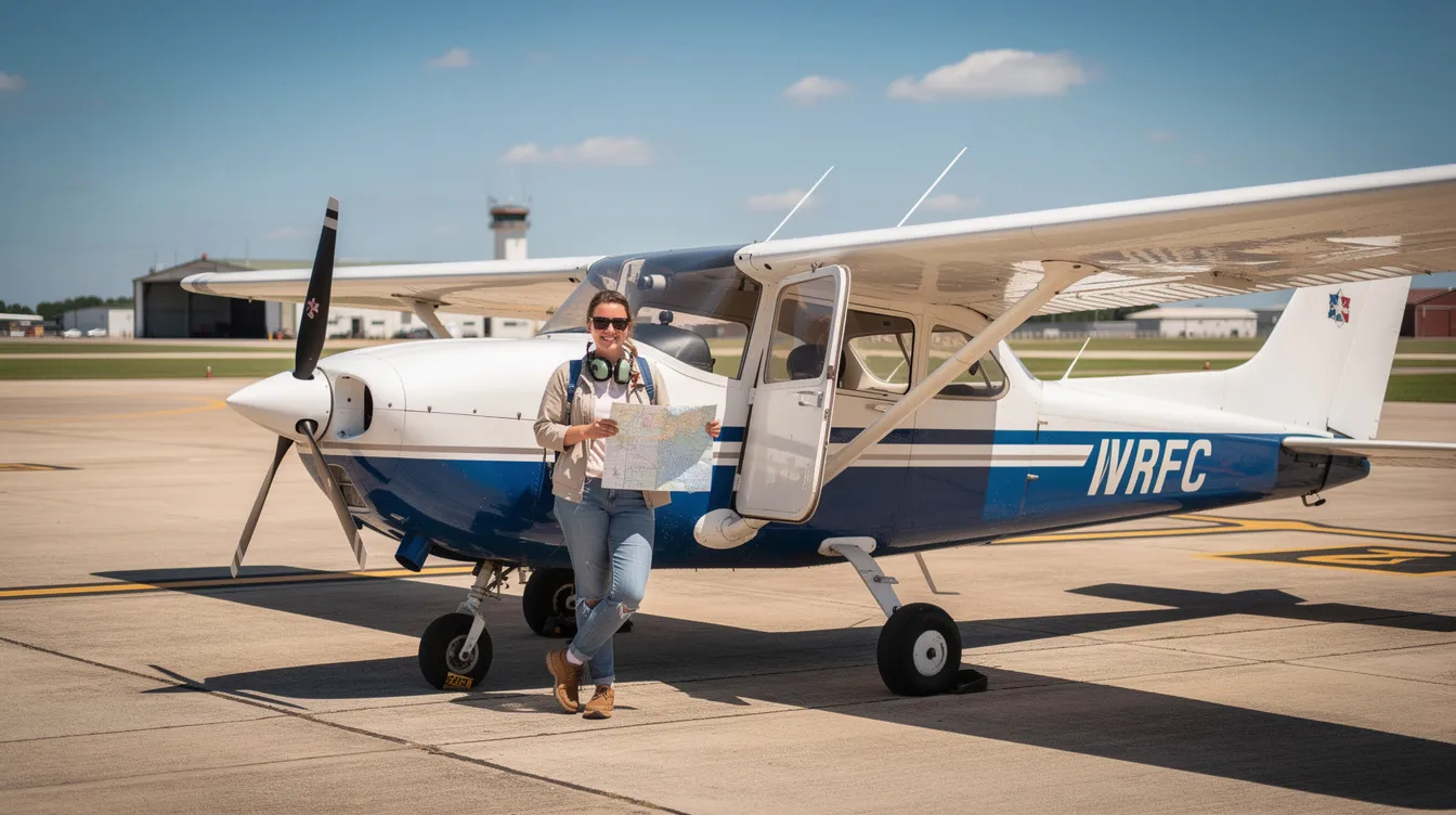 A student pilot stands proudly next to a small single-engine training aircraft on a sunny airfield, preparing for their flight training journey. This moment marks an important step in their path to obtaining a pilot licence and pursuing a professional career in aviation.