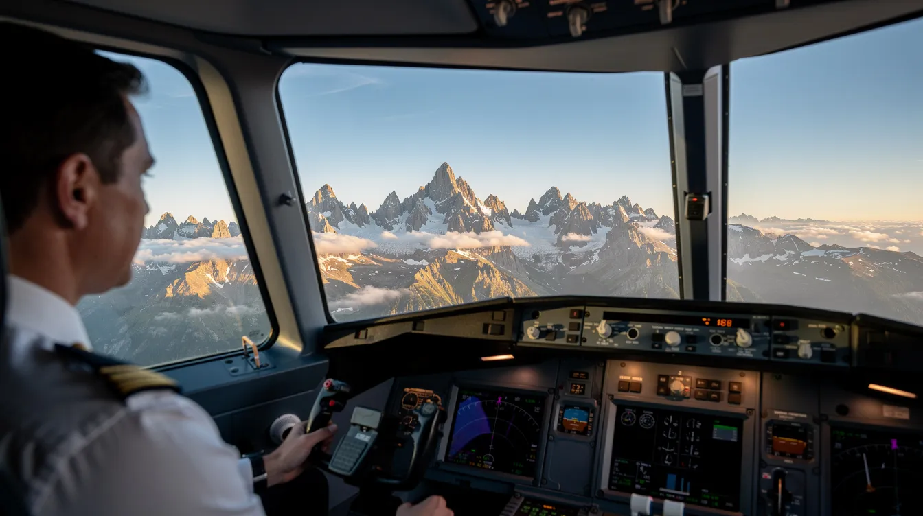 An airline pilot gazes out the cockpit window, taking in the stunning view of snow-capped mountain peaks and fluffy clouds during a flight over the Alps. This moment captures the essence of flight training and the beauty of aviation as the aircraft navigates through the skies.