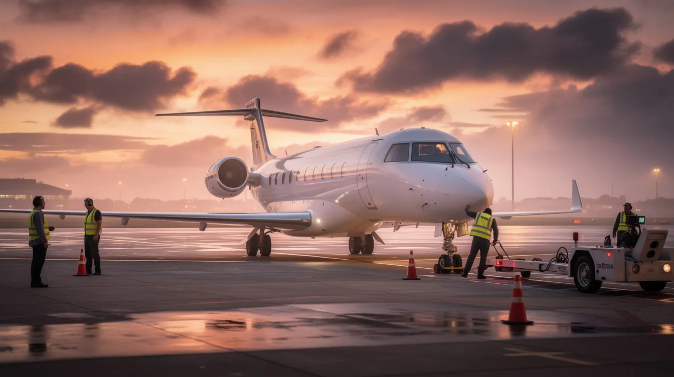 A Gulfstream business jet is parked on the tarmac at dusk, surrounded by ground crew preparing for departure, with a warm, colorful sky providing a stunning backdrop. The scene captures the essence of business aviation, highlighting the sleek design of the aircraft against the serene evening light.