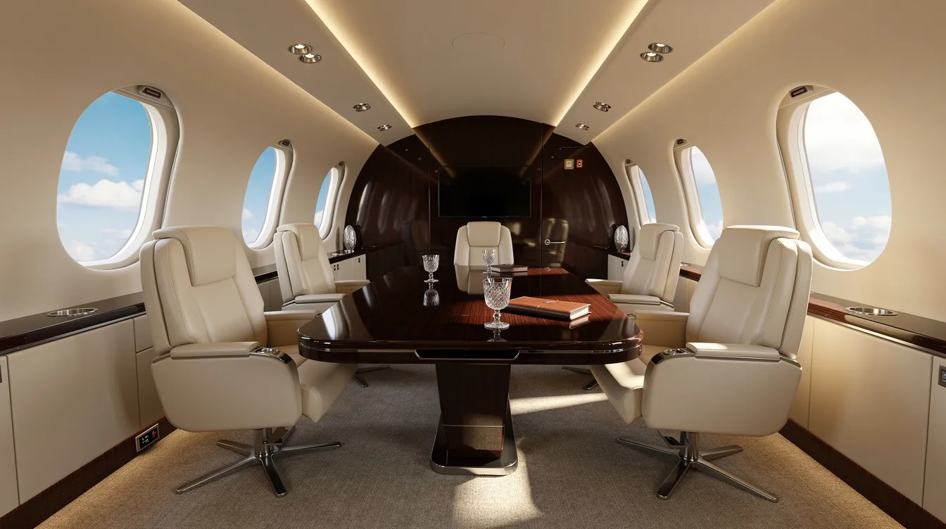 The image depicts a luxurious private jet interior featuring plush leather seats arranged around a polished wood conference table, with large oval windows that showcase a clear blue sky. This elegant setting is characteristic of Gulfstream aircraft, designed for business aviation and corporate travel, providing a comfortable environment for meetings while in flight.