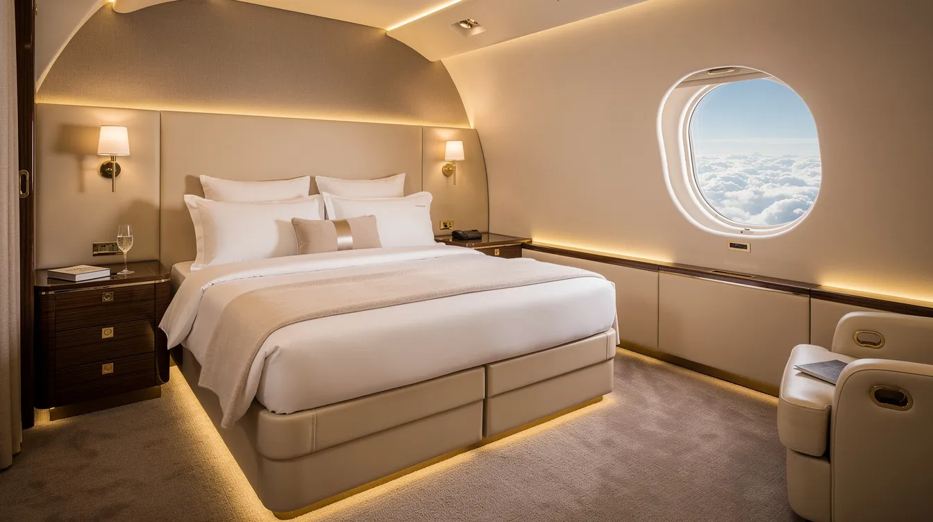 The image showcases an elegant private jet bedroom suite, featuring soft ambient lighting and a large oval window that reveals a view of fluffy clouds outside. This luxurious space emphasizes cabin comfort and design, characteristic of Gulfstream jets, creating an inviting atmosphere for relaxation during business aviation travels.