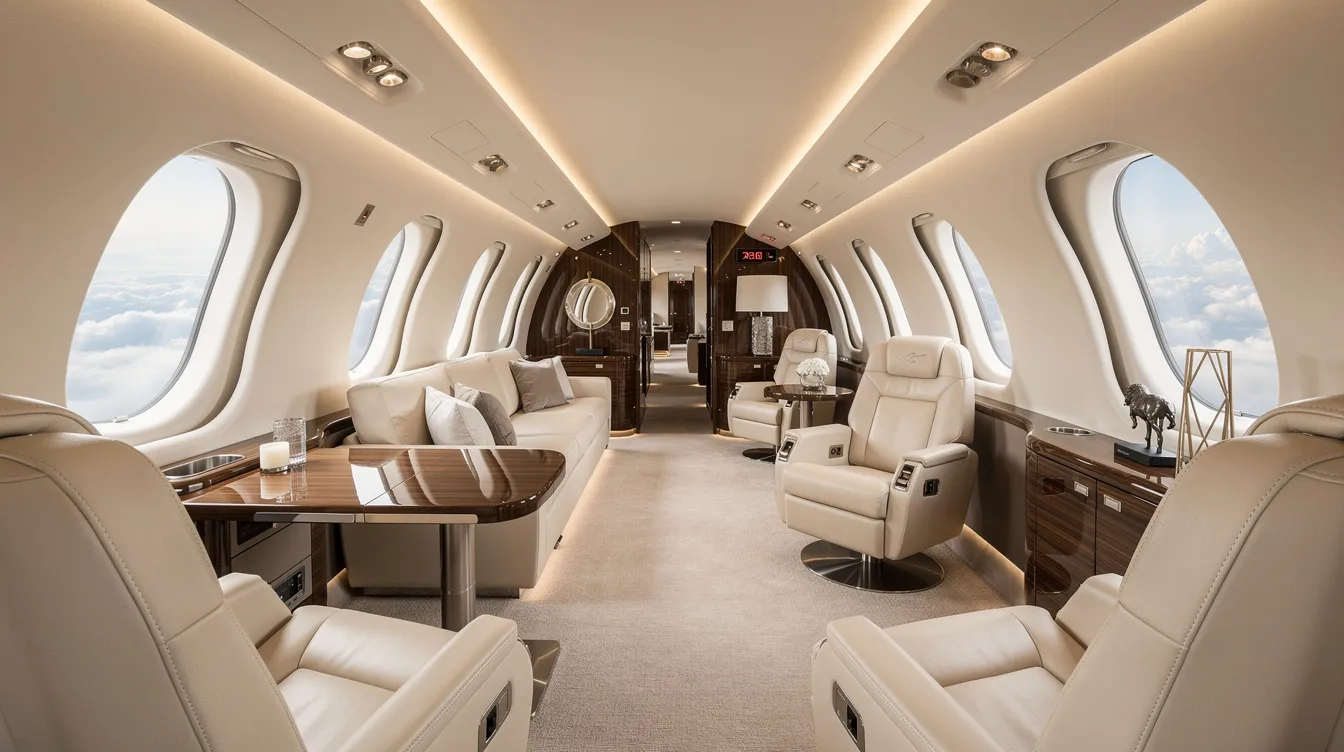The image depicts the interior of a luxurious private jet cabin, featuring cream leather seating arranged in multiple living zones, complemented by abundant natural light streaming through the Gulfstream panoramic oval windows. This spacious cabin exemplifies the comfort and elegance of business aviation, making it a perfect environment for relaxation or work during flights.