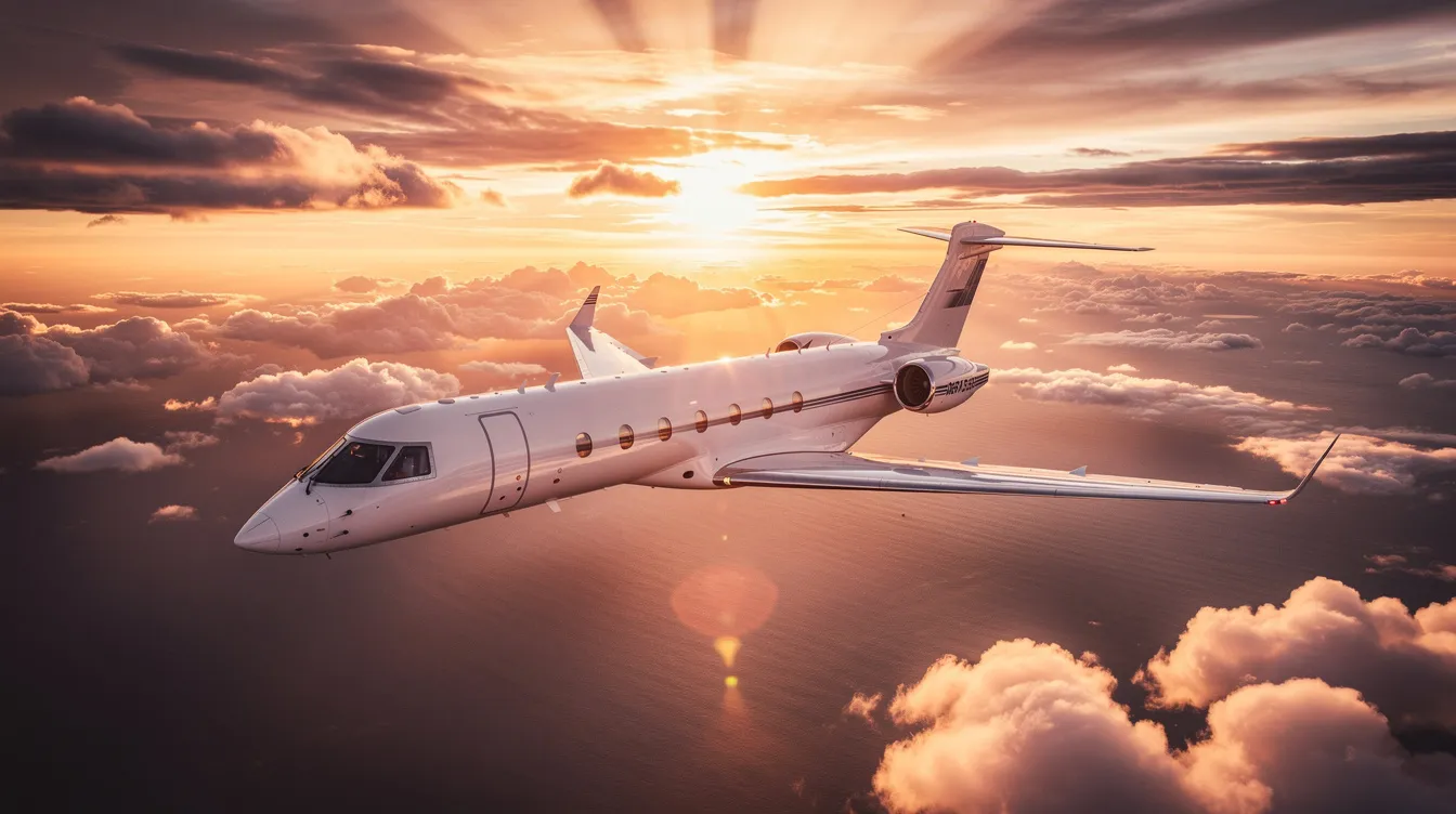 A sleek private jet, reminiscent of the Gulfstream G700, soars above vibrant sunset clouds, with golden light reflecting off its fuselage, showcasing its luxurious design and exceptional range. The scene captures the essence of business aviation, perfect for high net worth individuals seeking a spacious cabin and advanced avionics for their travel needs.