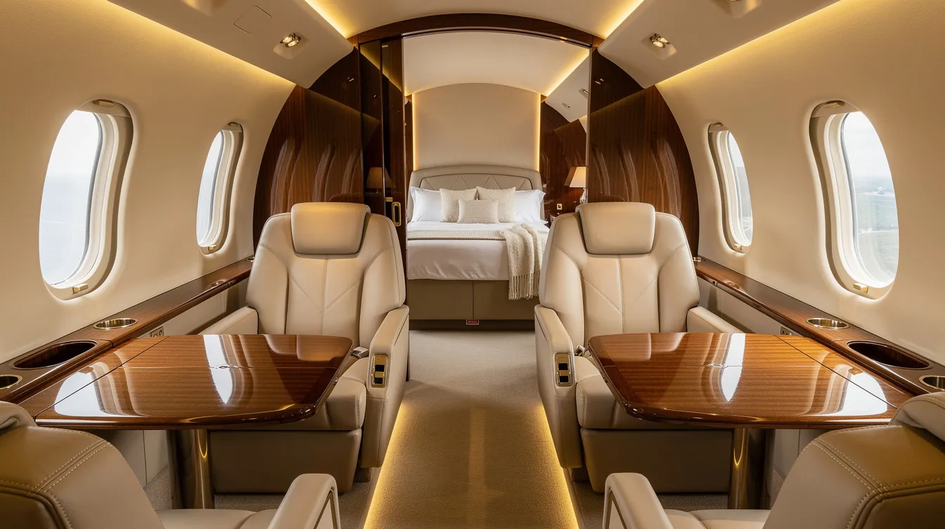 The image depicts a luxurious private jet cabin interior featuring cream leather seats and ambient lighting, with a comfortable bed located in the rear section. This spacious cabin exemplifies the elegance of a Gulfstream business jet, ideal for high net worth individuals seeking exceptional comfort in business aviation.