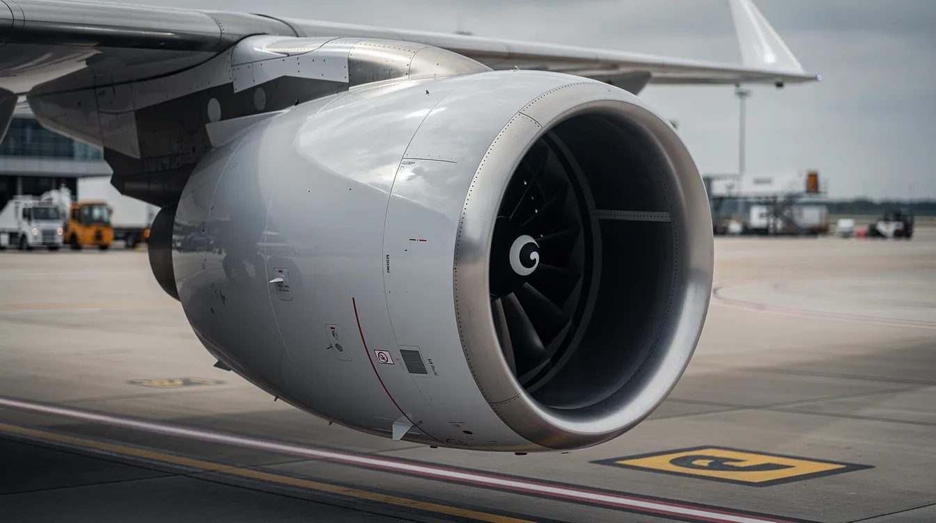 The image features a close-up view of a modern jet engine nacelle, showcasing its sleek design and advanced engineering, with a blurred airport tarmac in the background. This highlights the cutting-edge technology often found in aircraft like the Gulfstream G700, a private jet known for its exceptional range and luxurious cabin comfort.