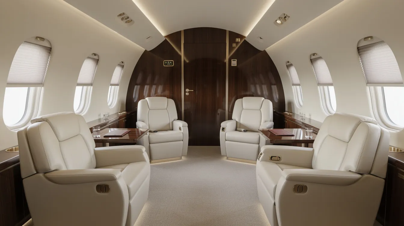 The image depicts the luxurious interior of a large private jet cabin featuring club seating arranged for comfort, elegant wood paneling, and soft ambient lighting, creating an inviting atmosphere for executive travel. This spacious cabin exemplifies the high-end amenities typically found in ultra long range jets, making it ideal for long distances and cross-country travel.