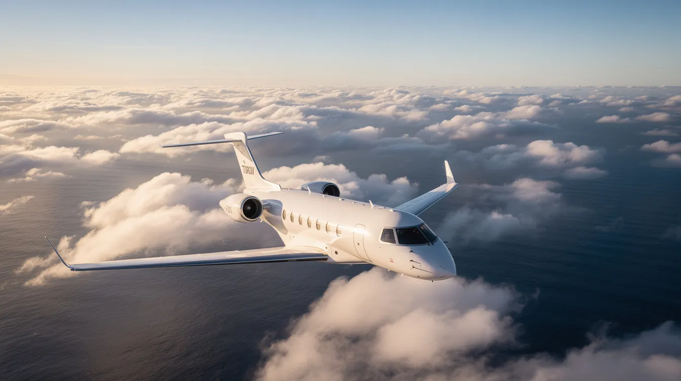 An aerial view captures a sleek private jet soaring above fluffy clouds, with the vast ocean stretching out below. This luxurious aircraft represents the epitome of private aviation, ideal for business travel and long distances.