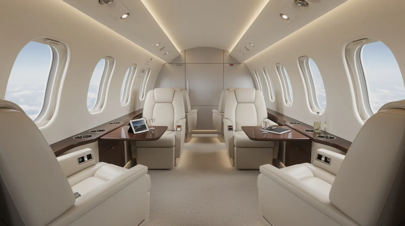 The image depicts the interior of a spacious modern jet cabin, showcasing wide leather seats arranged in a club configuration, designed to enhance passenger comfort. This layout is typical for regional jets like the Embraer 175, providing a welcoming atmosphere for travelers during domestic flights.