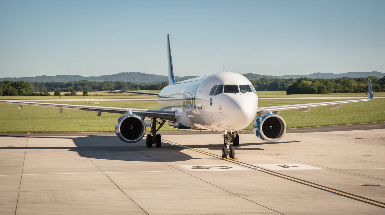 A modern Embraer 175 regional jet is positioned on a runway, surrounded by lush green landscapes and under clear blue skies, ready for takeoff. This aircraft, known for its fuel-efficient engines and passenger comfort, is part of a fleet designed for domestic flights, showcasing its capabilities in flight planning and cruising speed.