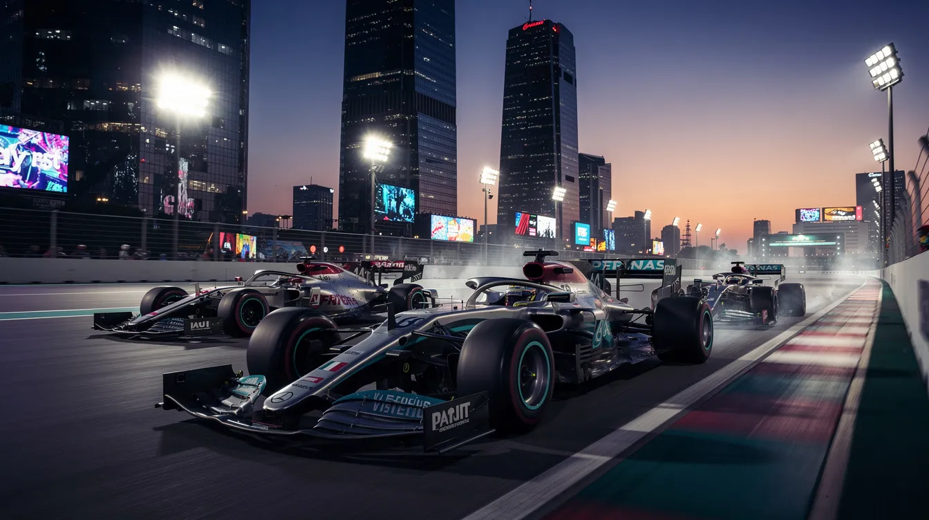 The image depicts sleek Formula 1 race cars racing at high speed along a circuit during twilight, with vibrant city lights illuminating the background, capturing the excitement of the Abu Dhabi Grand Prix. The scene showcases the dynamic atmosphere of this popular destination in the United Arab Emirates.