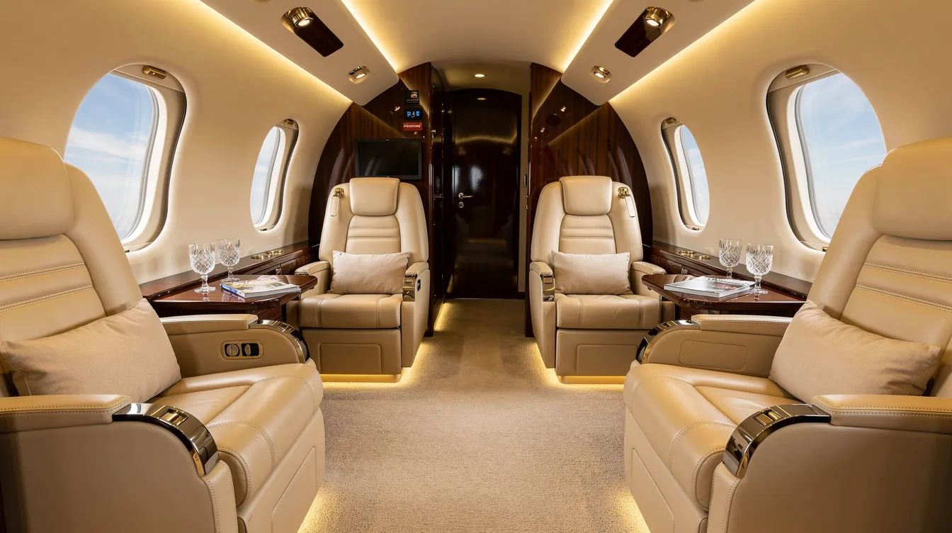 The image showcases the interior of a spacious luxury private jet cabin, featuring plush cream leather seats and soft ambient lighting, ideal for travelers seeking comfort on their private jet flights to Abu Dhabi. This elegant setting reflects the opulence of private aviation, perfect for clients heading to destinations like the Louvre Abu Dhabi or Yas Island.
