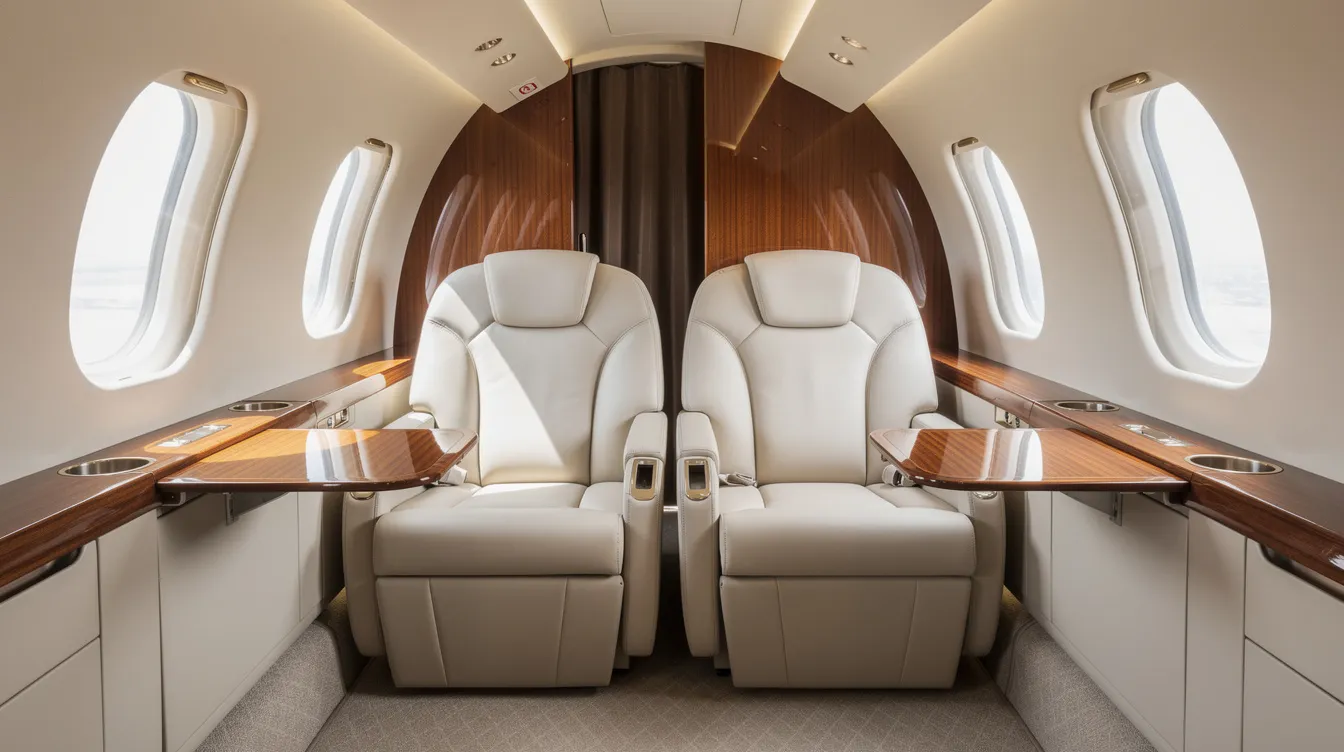 The image depicts the luxurious interior of a mid-size private jet cabin, featuring cream leather club seating and elegant warm wood veneer accents, showcasing the comfort and sophistication typical of high-end private aircraft. This spacious cabin is designed for corporate travelers seeking an exceptional flying experience in private aviation.