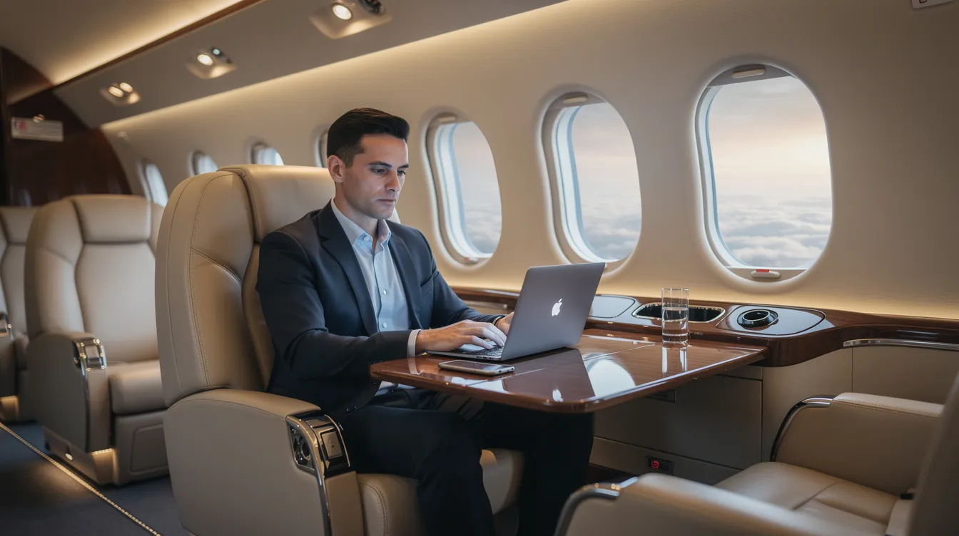 A business traveler is focused on their laptop inside the spacious cabin of a luxury private jet, illuminated by ambient mood lighting and featuring large windows that offer a view of the sky. The private jet's interior is designed for comfort and productivity, making it an ideal environment for corporate travelers.