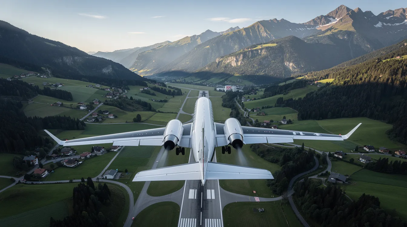 A luxury private jet is approaching a small mountain airport, surrounded by lush green valleys. The aircraft, known for its superior fuel efficiency and spacious cabin, is perfectly suited for accessing smaller airports and offers a glimpse into the world of private aviation.