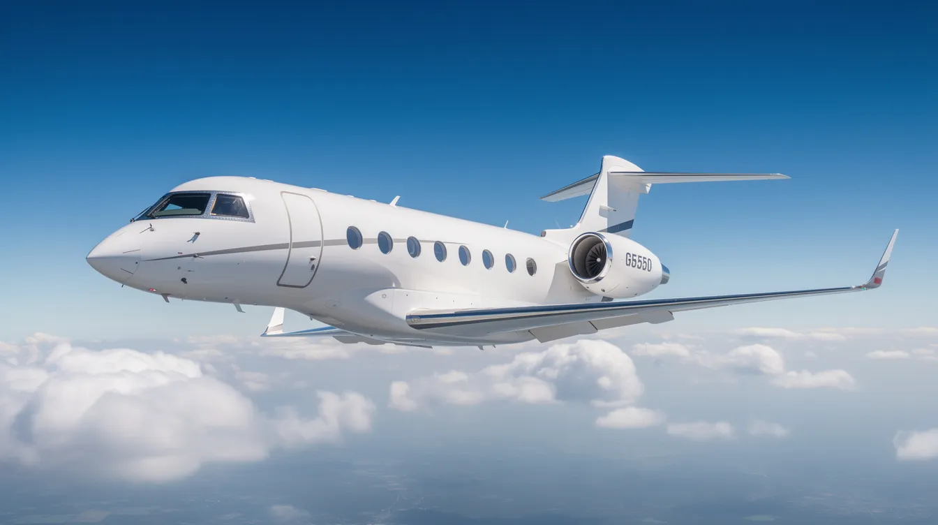 The image features a sleek Gulfstream G650 private jet soaring through sunny skies, showcasing its elegant design and advanced flight surfaces. This luxurious aircraft, known for its impressive speed and performance, symbolizes the pinnacle of business aviation.