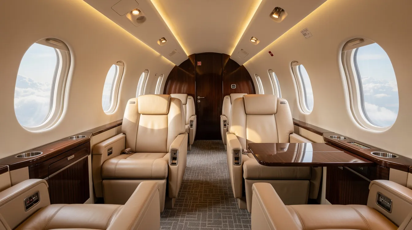 The image depicts the interior of a modern midsize private jet cabin featuring plush leather seats and soft ambient lighting, creating a luxurious atmosphere for travelers. This elegant space exemplifies comfort and sophistication, ideal for those interested in the private flight experience.