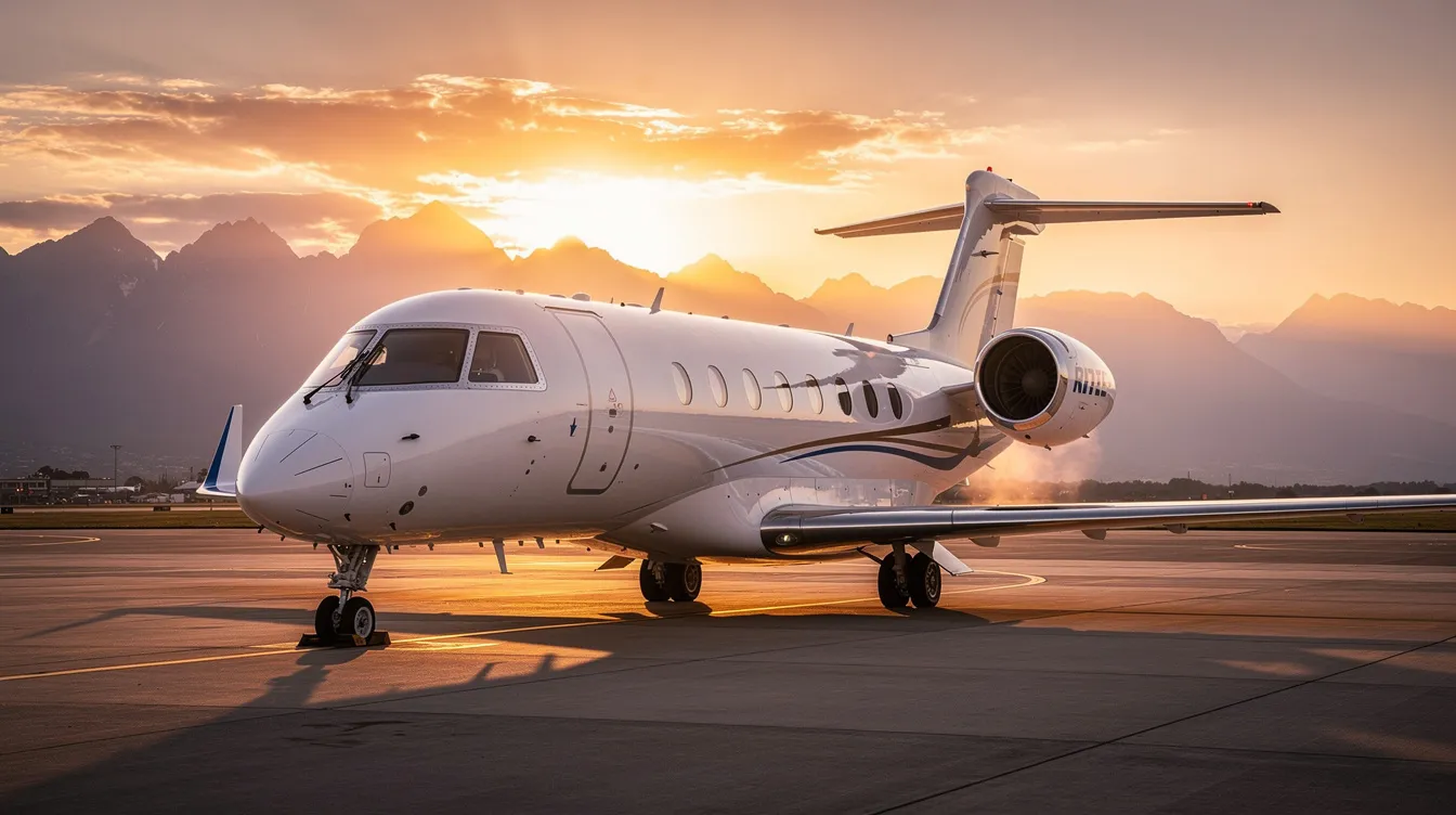 A sleek private jet is parked on a tarmac during golden hour, with majestic mountains in the background, creating a picturesque scene that highlights the luxury of private flight. The warm light casts a golden hue over the aircraft, emphasizing its polished exterior and inviting the viewer to imagine the exclusive travel experience it represents.