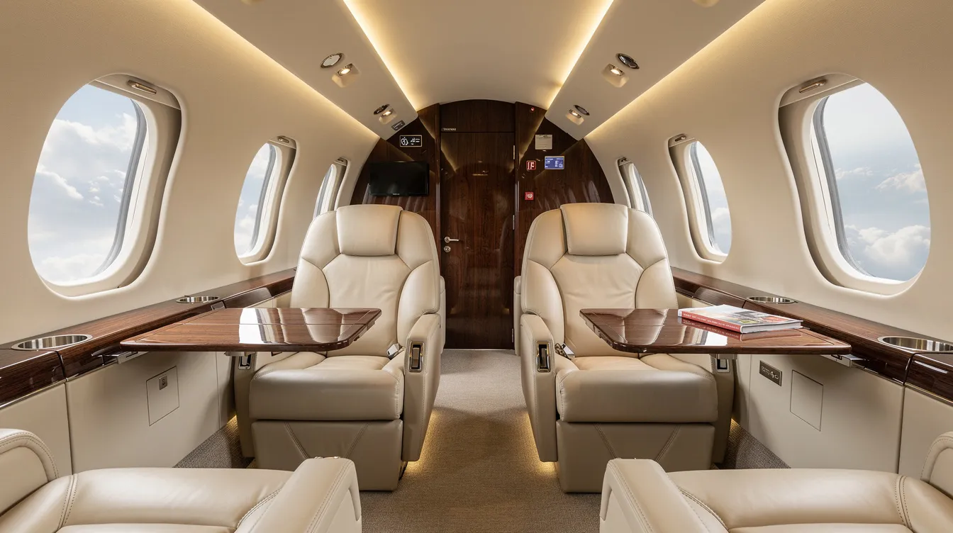 The image depicts the interior cabin of a midsize private jet, featuring luxurious cream leather seats complemented by polished wood accents, creating an elegant atmosphere ideal for both business and leisure travel. This spacious and stylish setting highlights the comfort and sophistication of private jet travel.