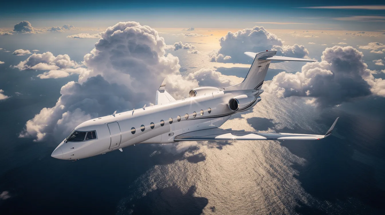 A large cabin private jet soars above dramatic cloud formations, casting a shadow over the shimmering ocean below, highlighting the luxury of private jet travel. This image captures the essence of flying private, showcasing the freedom and elegance associated with private jet charters.