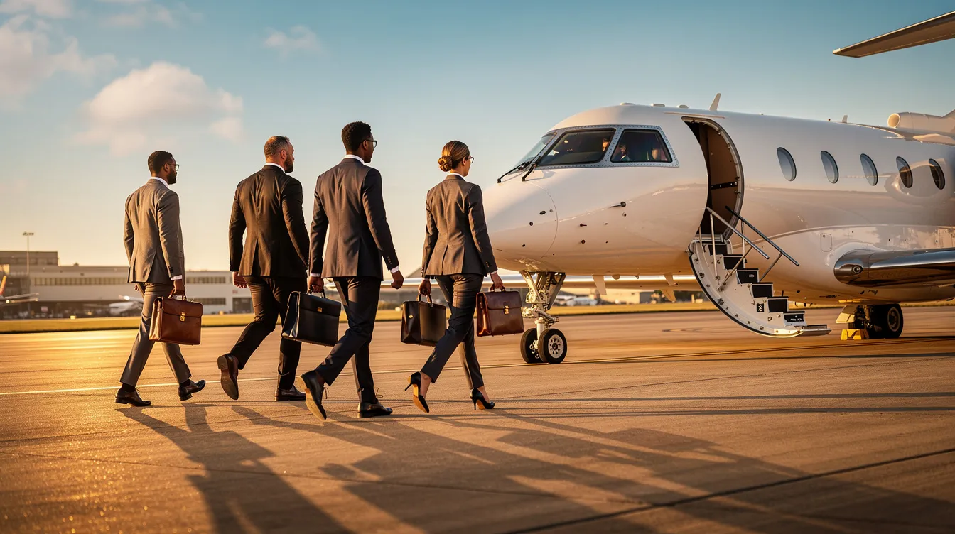A group of business professionals is walking towards a private jet on a sunlit runway, ready for their private flight. The scene captures the essence of private aviation, highlighting the convenience and luxury of private jet charter for both business and leisure travel.