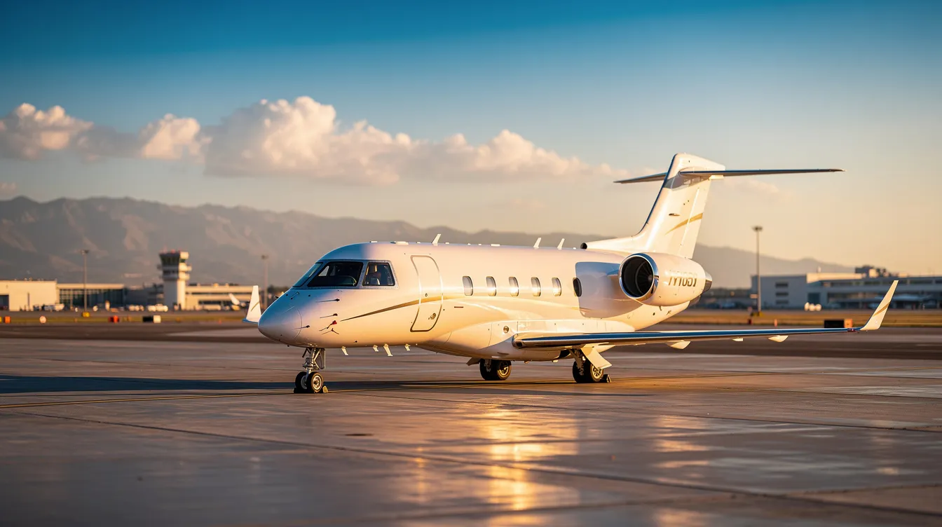 A sleek private jet, possibly a Gulfstream G700, is parked on a sunny tarmac, showcasing its impressive wing span and modern design. The backdrop features a clear blue sky, highlighting the luxurious nature of private aviation and the allure of business aviation travel.