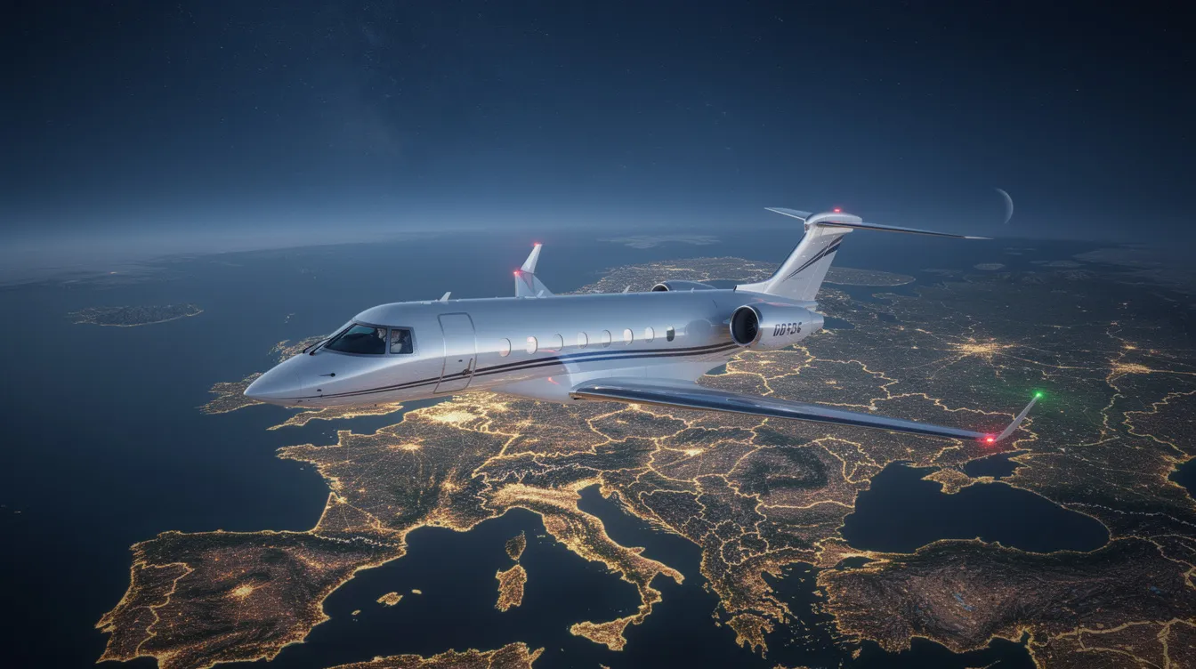 A sleek private jet glides through the night sky over Europe, showcasing the allure of private aviation. This image captures the elegance of private jet travel, highlighting the luxury associated with private jet charter services and the freedom of flying privately.