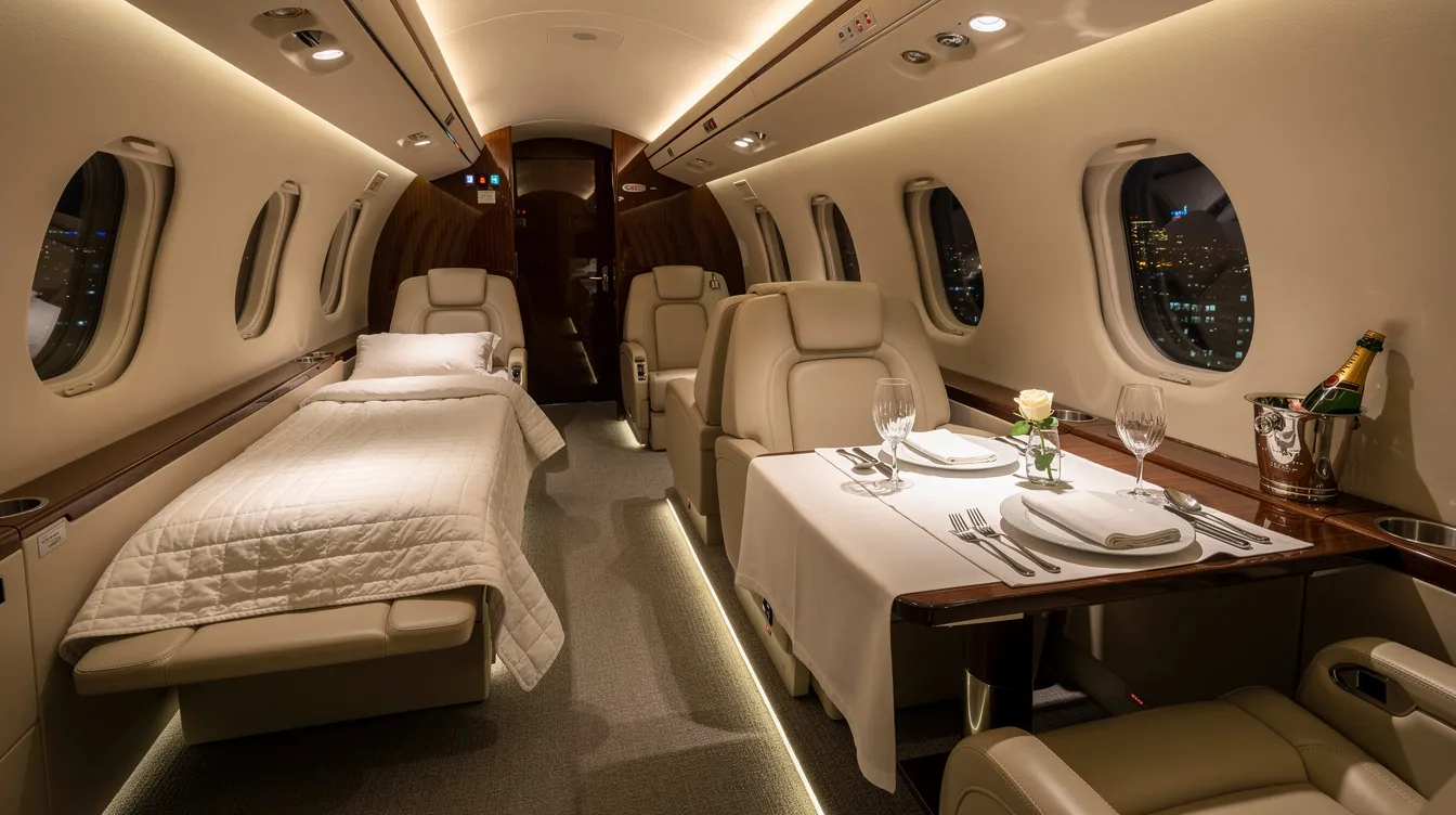 The image depicts the interior of a spacious heavy jet cabin, featuring cream leather seats designed for sleeping and a dining table elegantly set for two. This luxurious private jet environment exemplifies the comfort and sophistication associated with private jet travel.