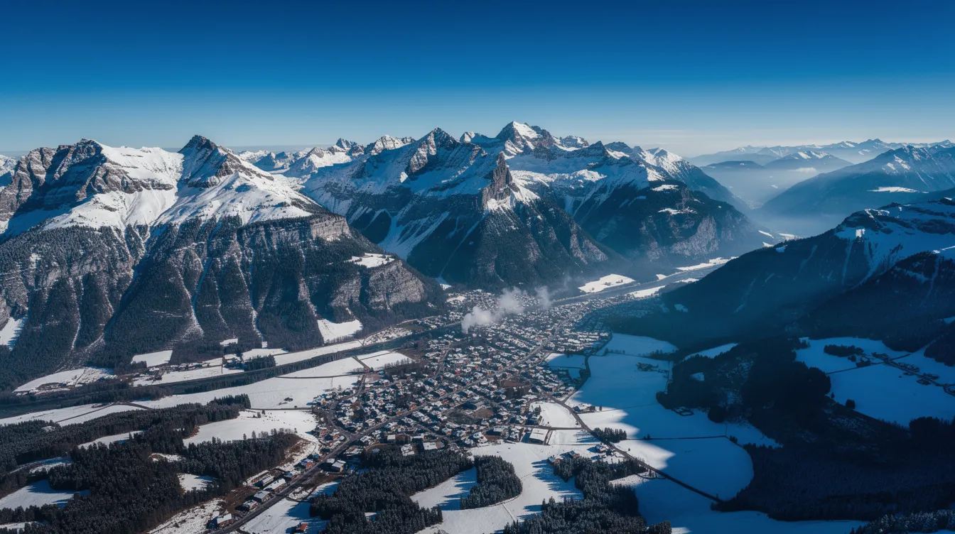 An aerial view captures the majestic snow-covered Alpine peaks under a clear blue sky, with a quaint valley town nestled below. This picturesque scene highlights the beauty of the mountains, often sought after by those considering private jet travel for their trips to Europe.