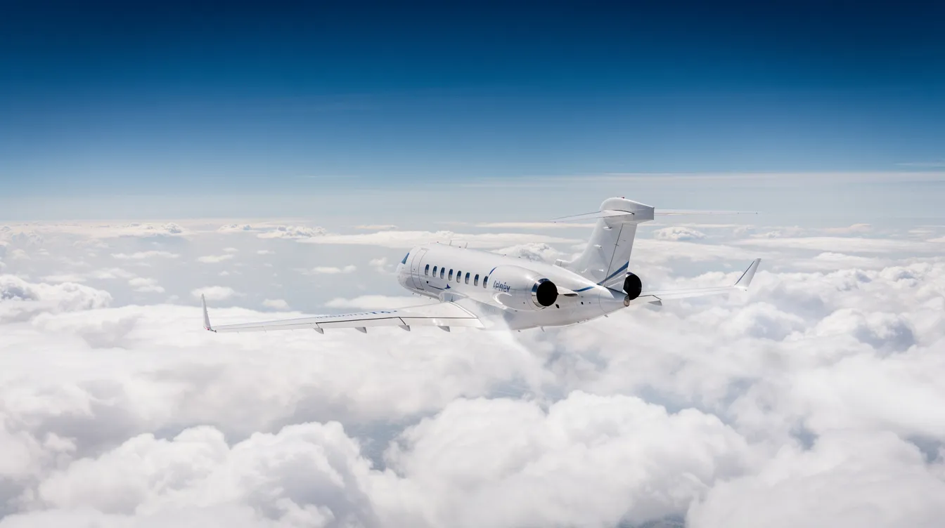A sleek business jet, resembling a Gulfstream aircraft, soars high above a blanket of fluffy white clouds under a clear blue sky. This long-range jet exemplifies the performance and capabilities expected of super midsize aircraft, providing a spacious and comfortable flight experience for its passengers.
