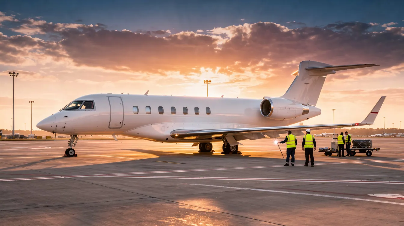 A private jet, resembling an icon aircraft, is parked on a tarmac at sunset, with warm hues illuminating the scene. Nearby, ground crew members are visible, attending to the aircraft's details and preparing for its next flight.