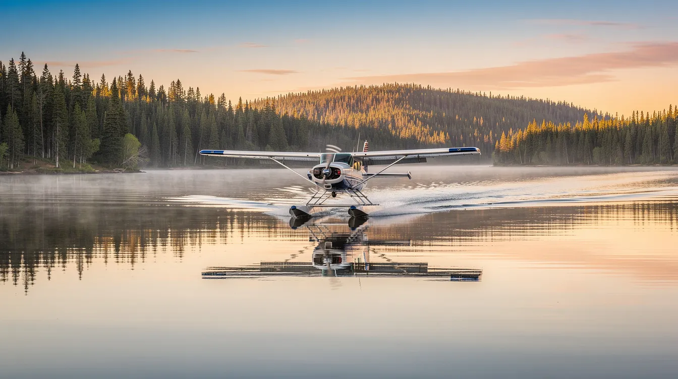 A small amphibious aircraft, resembling the icon A5, is taking off from a glassy lake at sunrise, with its retracted main landing gear visible. In the background, a lush forested shoreline reflects the early morning light, creating a serene atmosphere for this light sport aircraft in flight.
