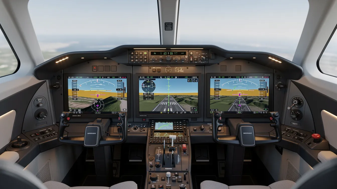 The image depicts a modern glass cockpit inside a Bombardier Learjet, featuring three large landscape displays and advanced synthetic vision technology, designed for efficient flight management. This high-tech cockpit enhances the pilot's ability to navigate and operate the business jet with precision and ease.