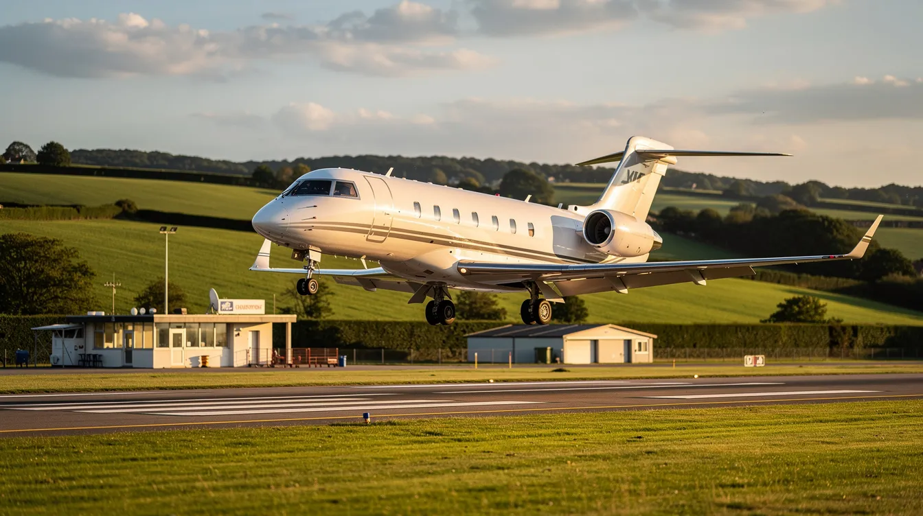 A sleek Bombardier Learjet is landing at a small regional airport, surrounded by lush green countryside, showcasing its efficient design and performance as a business jet. The aircraft, known for its high-speed cruise capabilities and ability to operate on short runways, is preparing to accommodate its six passengers.