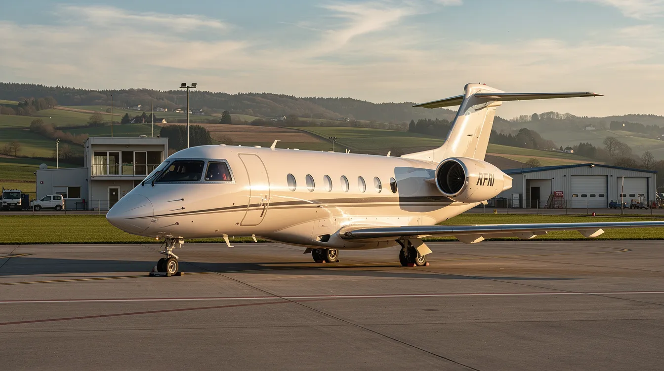 A sleek private jet is parked at a small European business aviation airport, surrounded by rolling green countryside. This image captures the essence of private jet travel, highlighting the luxury and convenience of flying private amidst picturesque landscapes.