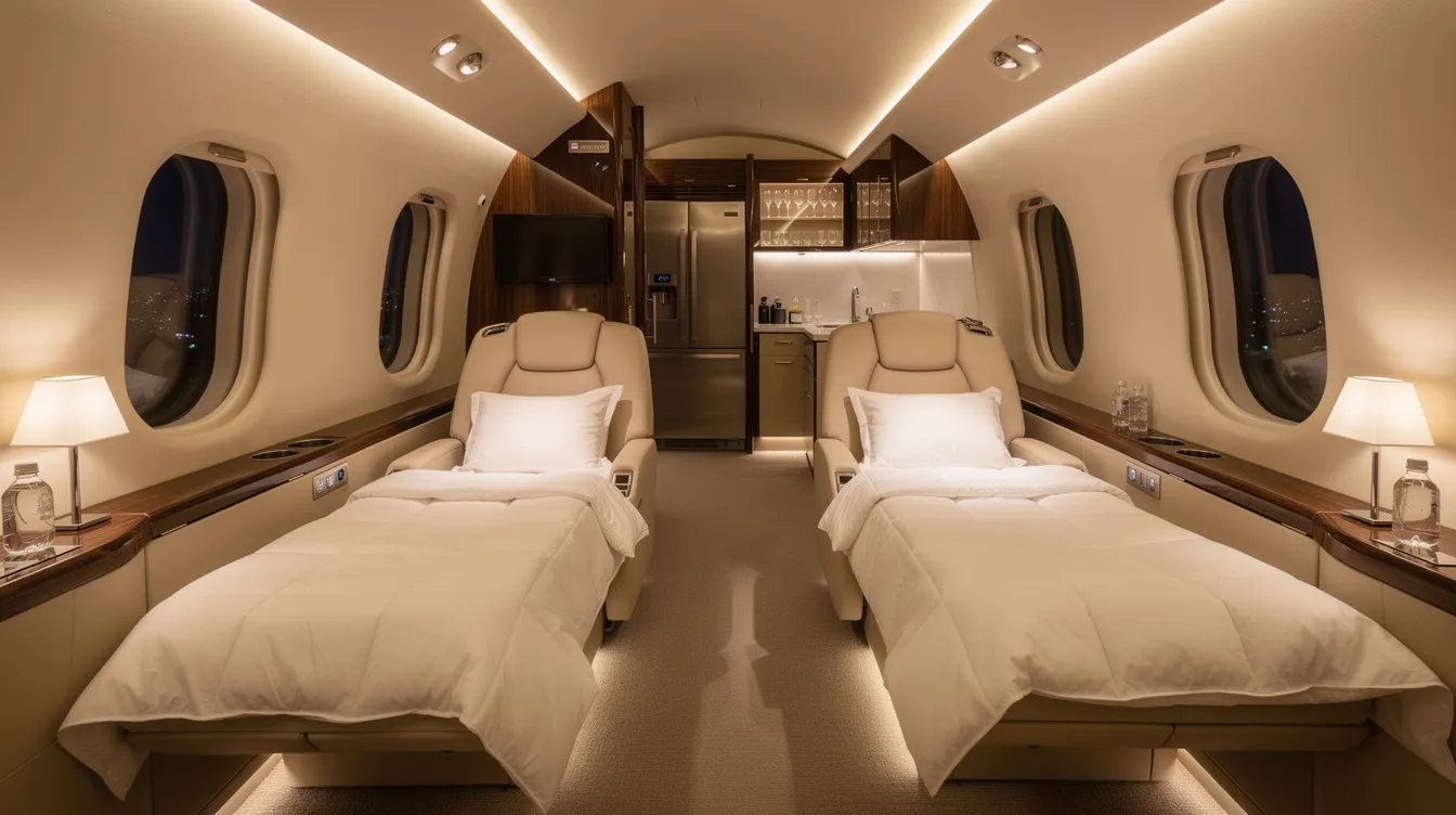 The image showcases the interior of a spacious long-range private jet cabin, featuring luxurious leather seats designed for sleeping, with a galley visible in the background. This elegant space exemplifies the comfort and style associated with private jet travel, highlighting the amenities often found in private aviation.