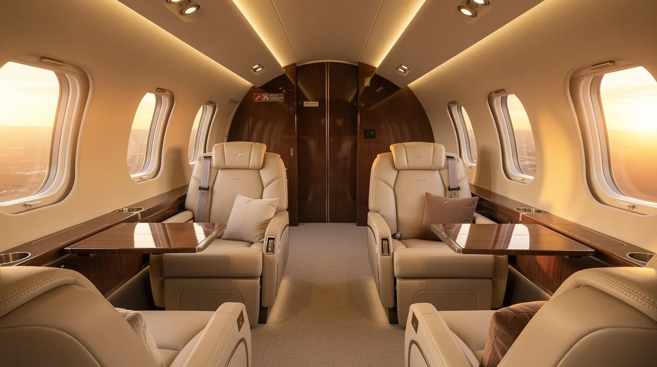 The image depicts the interior of a spacious private jet cabin featuring cream leather seats, warm ambient lighting, and a luxurious atmosphere designed for comfort. This business jet exemplifies the elegance and functionality of large cabin aircraft, ideal for high-speed travel and accommodating up to 8 passengers and 4 crew members.