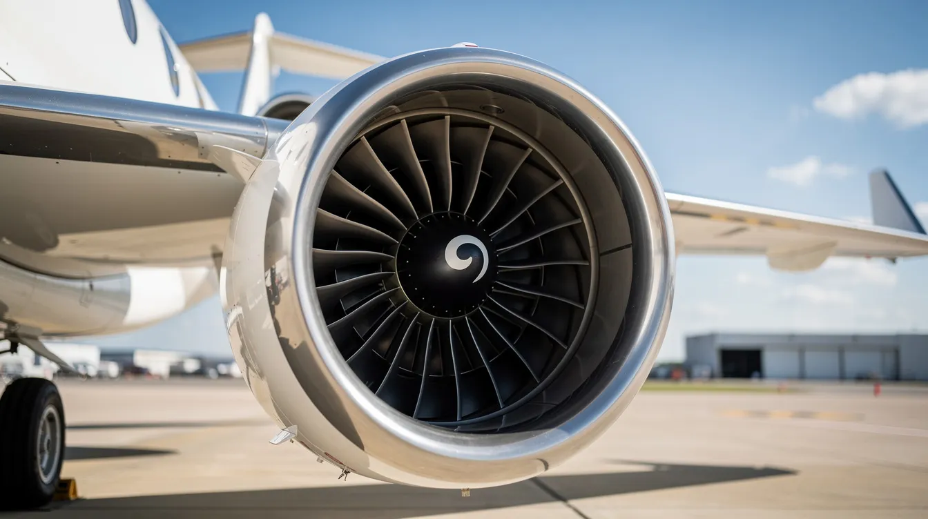 This image features a close-up view of a modern turbofan jet engine mounted on the wing of a business aircraft, showcasing the sleek design and advanced engineering typical of Gulfstream aerospace. The engine's intricate components emphasize its high speed capabilities, including operating speeds of up to Mach 0.90, ideal for long range business aviation.