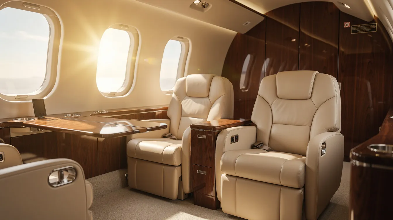 Sunlight pours through large panoramic oval windows into a luxurious private jet cabin, featuring plush seating designed for comfort. This spacious environment exemplifies the elegance of business aviation, perfect for high-speed travel and long-range flights.