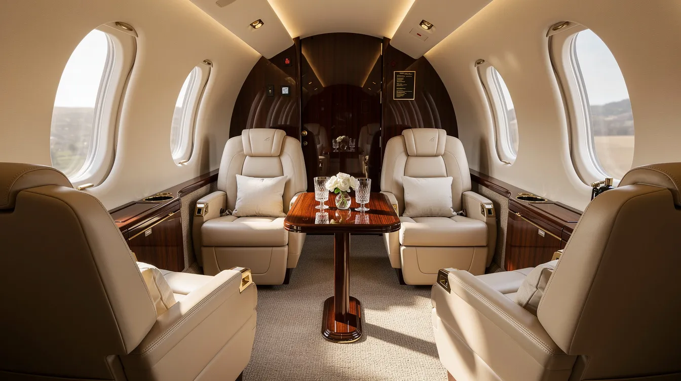 The image depicts the interior of a spacious private jet cabin, featuring luxurious cream leather seats and elegant polished wood finishes, designed for comfort during private aircraft operations. This setting highlights the importance of weight and balance calculations in aviation, as the aircraft's total weight significantly affects fuel efficiency and performance.