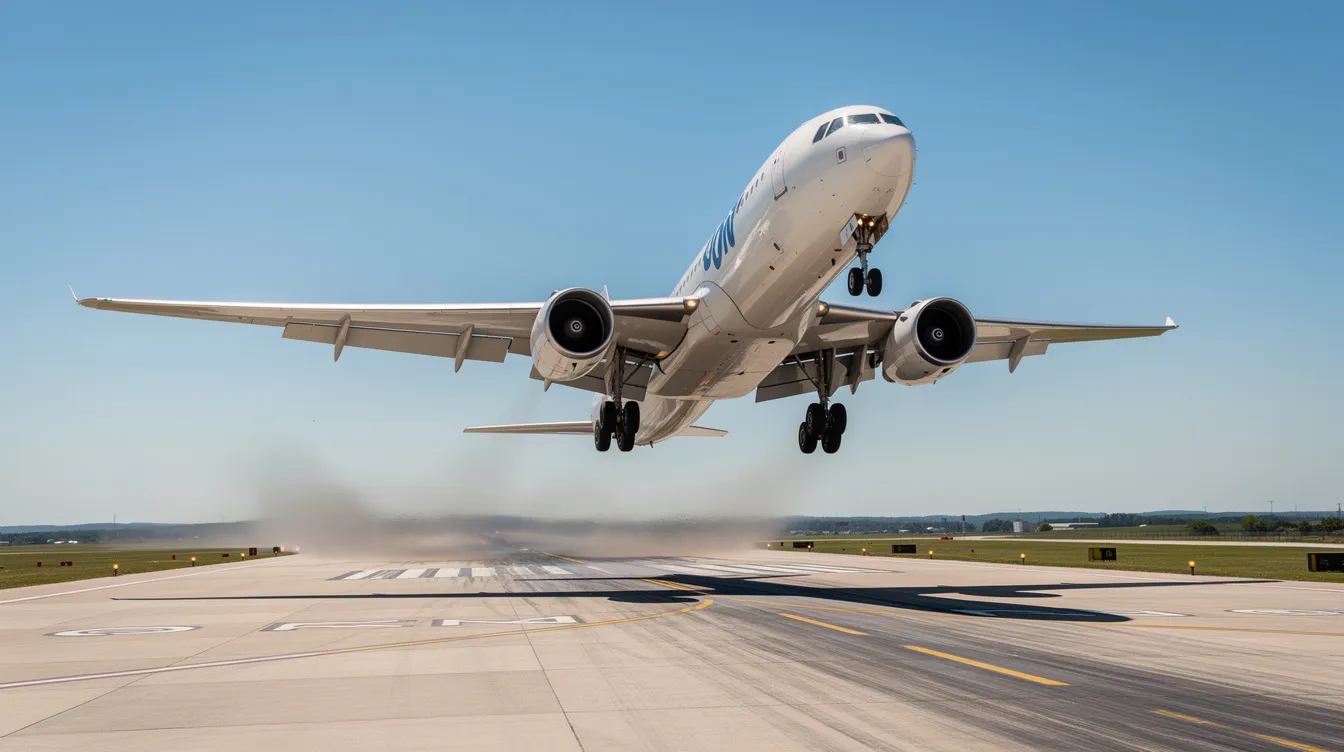 A large commercial jet is captured in the moment of takeoff rotation, soaring into a clear blue sky. This airplane, likely weighing close to its maximum takeoff weight limits, showcases the advanced aerodynamics and carbon fiber composite materials that contribute to its performance and fuel efficiency.