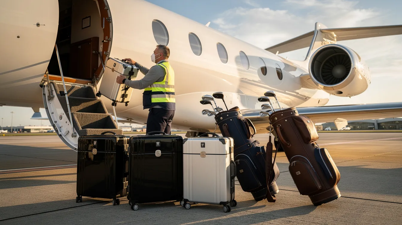 A private jet is parked on a sunny tarmac as luxury suitcases and golf bags are being carefully loaded into its cargo hold, highlighting the importance of weight and balance calculations for optimal aircraft performance. The scene reflects the meticulous attention to maximum takeoff weight limits to ensure safe private jet operations.