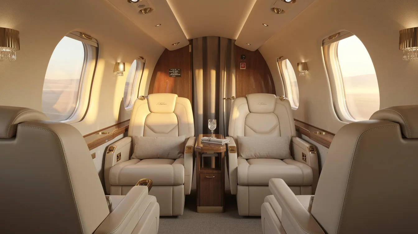 The image depicts an elegant private jet cabin interior featuring spacious cream leather seats, warm ambient lighting, and large oval windows that enhance the overall luxurious atmosphere. This Gulfstream G650 cabin is designed for maximum comfort and efficiency, making it ideal for long-range flights with a passenger count that ensures a relaxing experience.