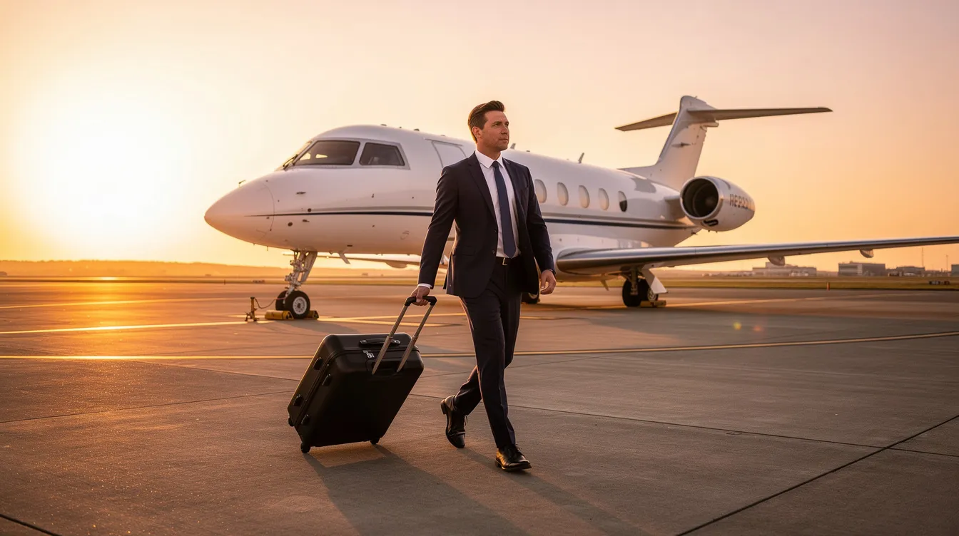 A business traveler in a tailored suit walks confidently towards a Gulfstream G650 private jet on an open tarmac, illuminated by the warm glow of the golden hour. The scene captures the essence of luxury travel, highlighting the aircraft's sleek design and spacious living areas, ready for a long-range flight.