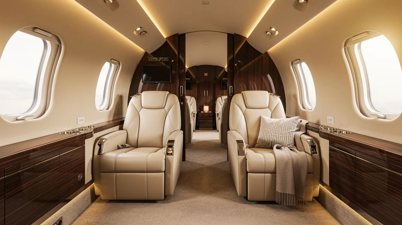 The image showcases a luxurious private jet cabin interior featuring cream leather seats, elegant wood paneling, and ambient lighting, designed for maximum comfort and style in business aviation. This sophisticated environment reflects the high standards of the Gulfstream G650, known for its advanced aircraft performance and cabin comfort.