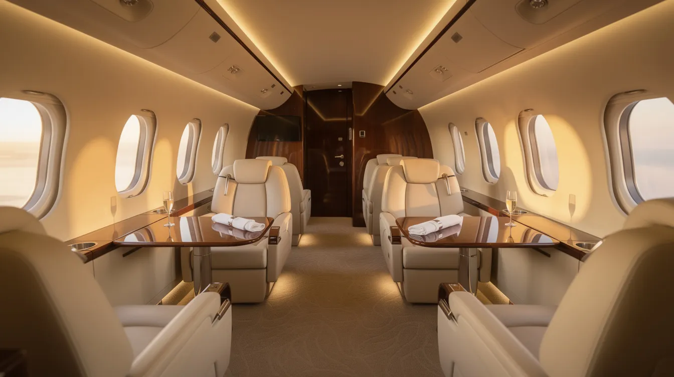 The image depicts the interior of a luxurious private jet cabin featuring cream leather seats and warm ambient lighting, showcasing the elegance typical of Gulfstream Aerospace Corp's advanced business aircraft. This ultralarge cabin is designed for maximum comfort, reflecting the high standards of personal aviation and business travel.