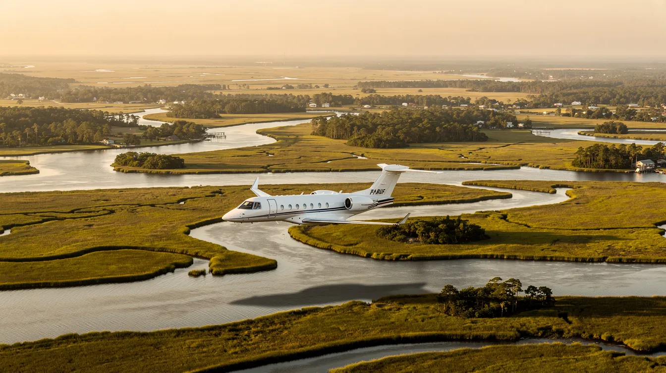 An aerial view captures the stunning coastal landscape of Georgia, featuring lush river marshes below, while a small private Gulfstream jet soars through the sky, symbolizing the elegance of personal aviation and business travel. The scene reflects the beauty of Savannah, Georgia, and the advancements in Gulfstream aerospace technology.