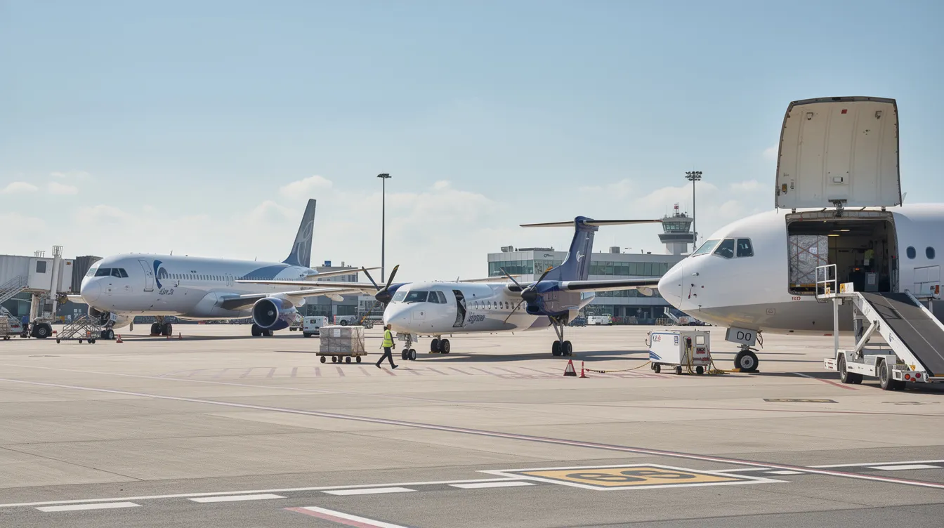 The image depicts a variety of aircraft types at an airport, featuring a large passenger widebody jet, a smaller regional turboprop, and a cargo freighter with its nose door open, highlighting the diversity within the airline industry. This scene showcases the different roles these aircraft play in air transport services, from transporting passengers to carrying cargo.