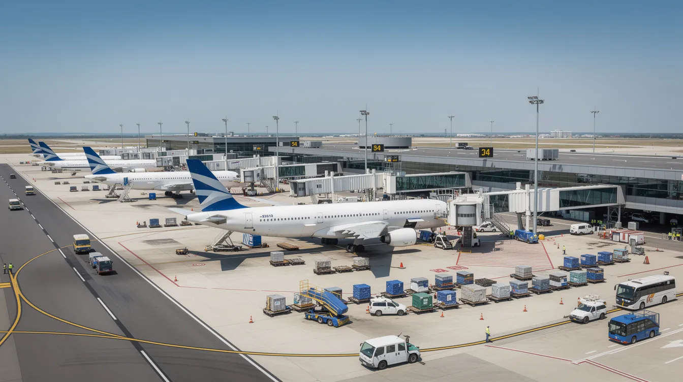 A wide-angle view of a busy commercial airport terminal showcases multiple large passenger jets parked at their gates, while ground vehicles maneuver on the tarmac, highlighting the dynamic environment of the global airline industry. This scene captures the essence of air transport services, with various airlines operating scheduled flights and enhancing air travel experiences.