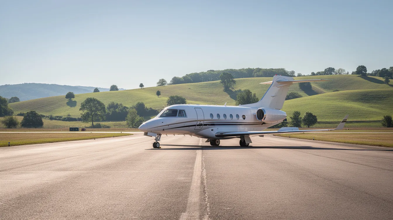 A small private jet is parked on a runway, surrounded by lush green hills under a clear blue sky, highlighting the serene environment often sought by travelers in the aviation industry. This scene evokes the luxury and exclusivity of charter flights, contrasting with the bustling atmosphere of major airlines and commercial aviation.